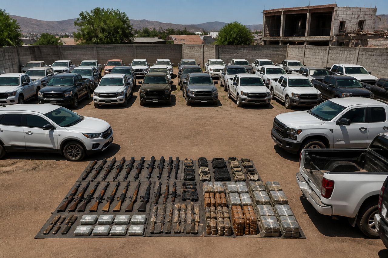 Aseguran 48 vehículos y arsenal en Nogales, Sonora